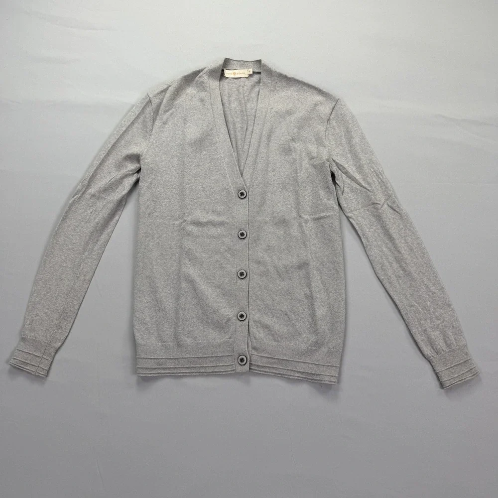 Tory Burch Women's XS Gray 100% Merino Wool Logo Button V-Neck Cardigan Sweater